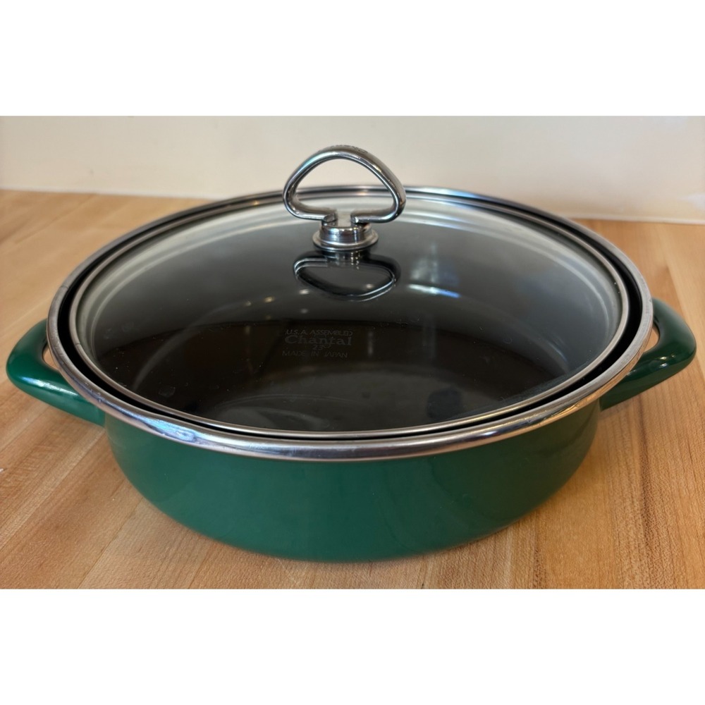 Vintage Chantal green enamel coated dutch oven pot with lid